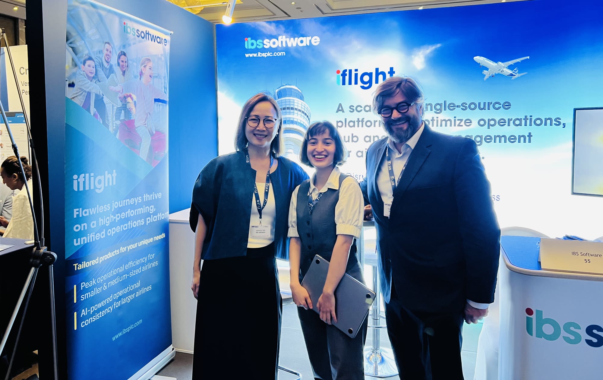 Sabrina at an aviation-technology industry event, IBS Software iflight booth